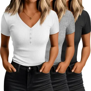 3 Pack Women's Ribbed Henley Button T-shirts, 95% Cotton Fitted Tight Short Sleeve V Neck Top Slim Basic Tee Blouse