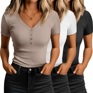 3 Pack Women's Ribbed Henley Button T-shirts, 95% Cotton Fitted Tight Short Sleeve V Neck Top Slim Basic Tee Blouse