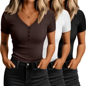 3 Pack Women's Ribbed Henley Button T-shirts, 95% Cotton Fitted Tight Short Sleeve V Neck Top Slim Basic Tee Blouse