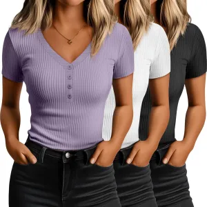 3 Pack Women's Ribbed Henley Button T-shirts, 95% Cotton Fitted Tight Short Sleeve V Neck Top Slim Basic Tee Blouse