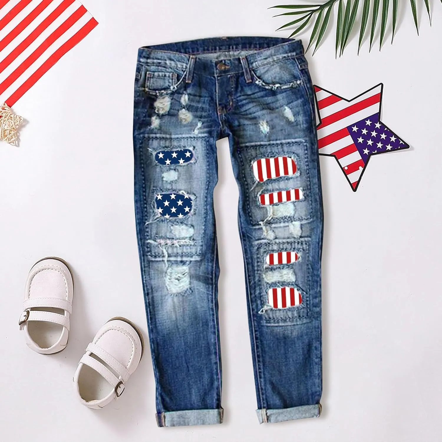 4th of July Ripped Jeans for Women USA Flag Star Striped Patch Cut Out Distressed Boyfriend Patriotic Denim Jeans