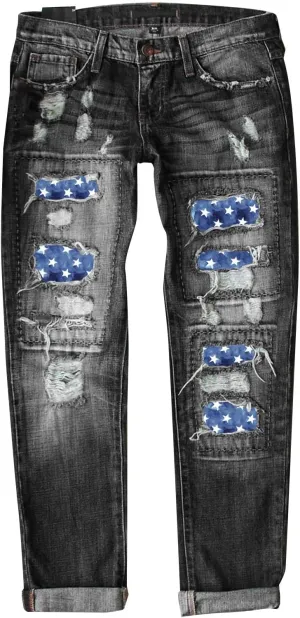 4th of July Ripped Jeans for Women USA Flag Star Striped Patch Cut Out Distressed Boyfriend Patriotic Denim Jeans