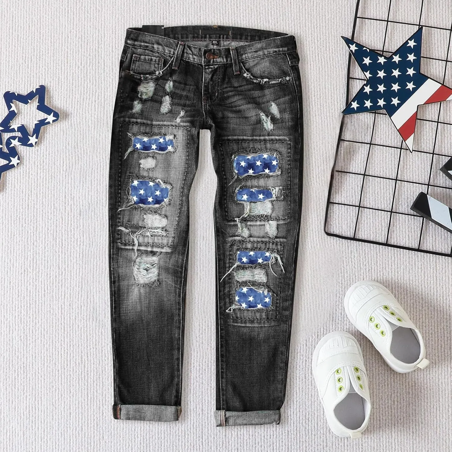 4th of July Ripped Jeans for Women USA Flag Star Striped Patch Cut Out Distressed Boyfriend Patriotic Denim Jeans