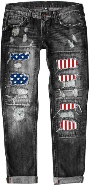 4th of July Ripped Jeans for Women USA Flag Star Striped Patch Cut Out Distressed Boyfriend Patriotic Denim Jeans