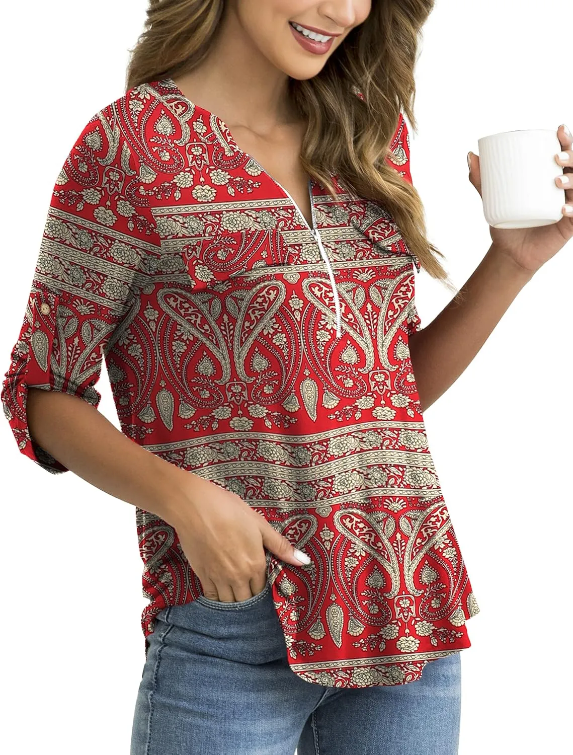 a.Jesdani Women's Plus Size Tops 3/4 Roll Sleeve Shirts V Neck Blouses Tunic Top