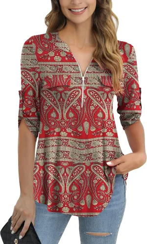 a.Jesdani Women's Plus Size Tops 3/4 Roll Sleeve Shirts V Neck Blouses Tunic Top