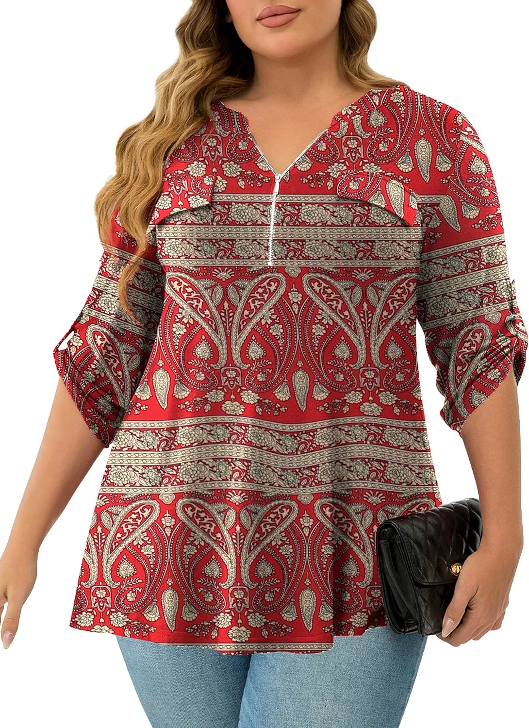 a.Jesdani Women's Plus Size Tops 3/4 Roll Sleeve Shirts V Neck Blouses Tunic Top