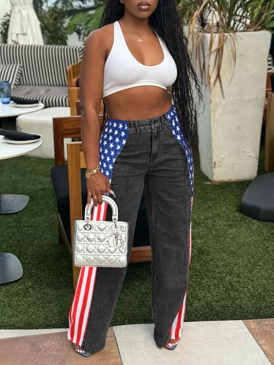 Angsuttc Womens Jeans with Patchwork Stripes High Waist American Flag Denim Jean Color Block Straight Wide Leg Pants