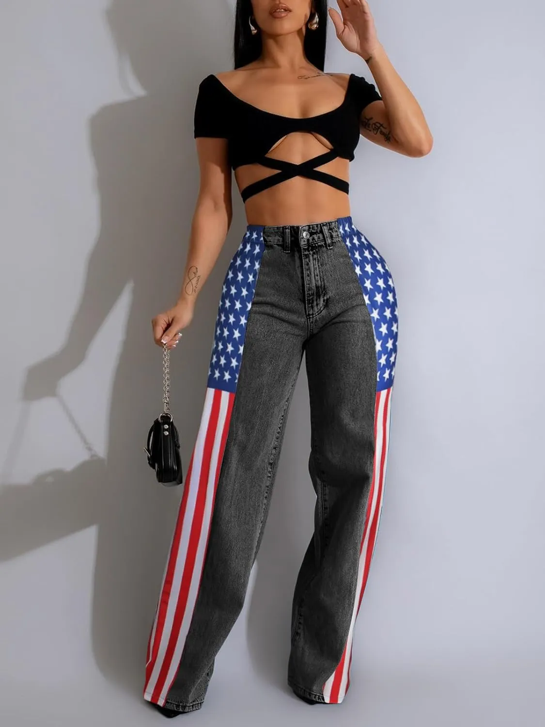Angsuttc Womens Jeans with Patchwork Stripes High Waist American Flag Denim Jean Color Block Straight Wide Leg Pants