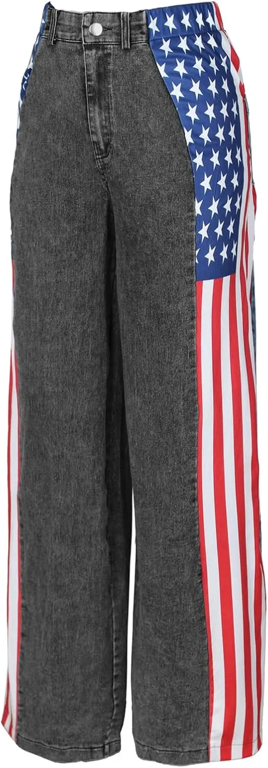Angsuttc Womens Jeans with Patchwork Stripes High Waist American Flag Denim Jean Color Block Straight Wide Leg Pants