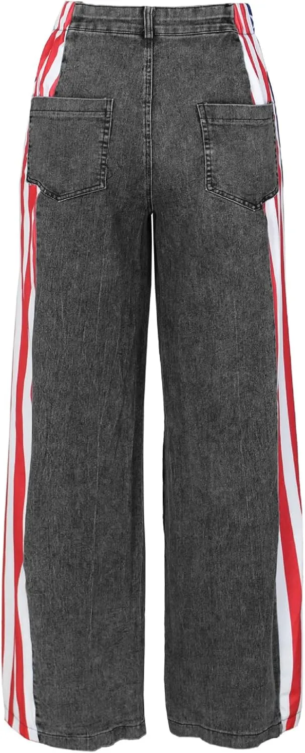 Angsuttc Womens Jeans with Patchwork Stripes High Waist American Flag Denim Jean Color Block Straight Wide Leg Pants