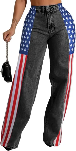 Angsuttc Womens Jeans with Patchwork Stripes High Waist American Flag Denim Jean Color Block Straight Wide Leg Pants