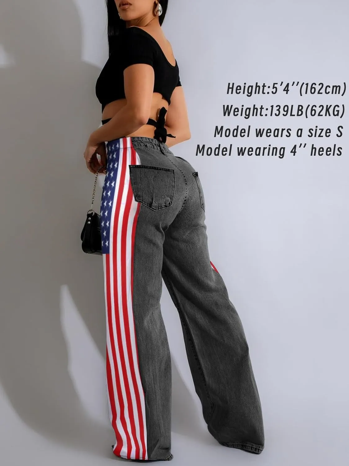 Angsuttc Womens Jeans with Patchwork Stripes High Waist American Flag Denim Jean Color Block Straight Wide Leg Pants