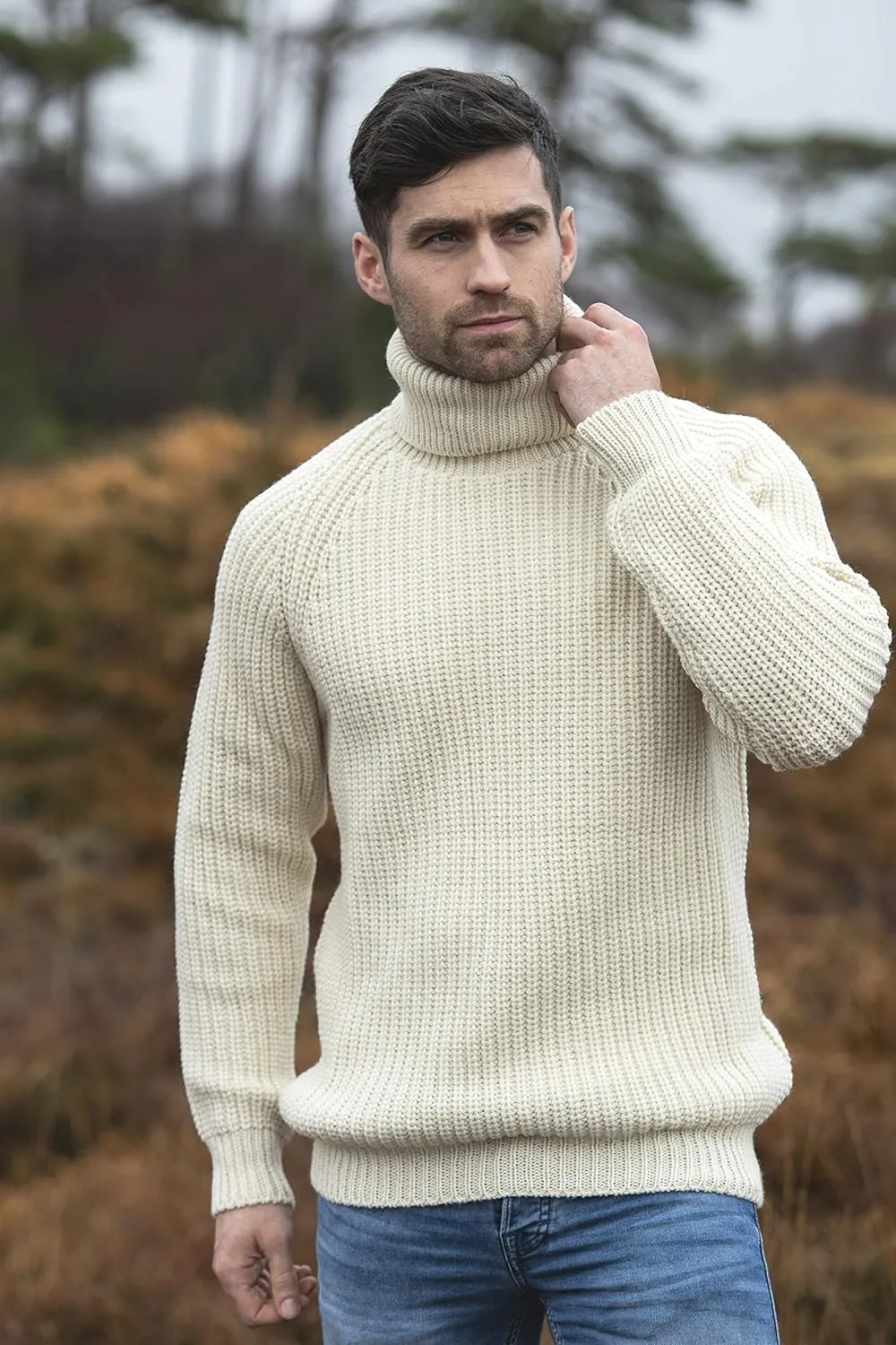 Aran Crafts Men's Irish Cable Knitted Rib Roll Neck Sweater (100% Pure New Wool)