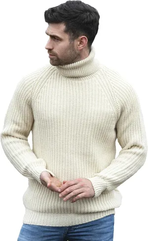 Aran Crafts Men's Irish Cable Knitted Rib Roll Neck Sweater (100% Pure New Wool)