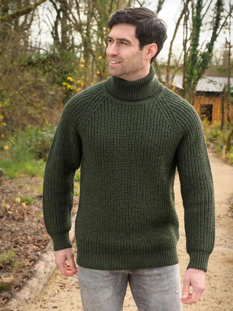 Aran Crafts Men's Irish Cable Knitted Rib Roll Neck Sweater (100% Pure New Wool)