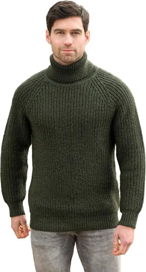 Aran Crafts Men's Irish Cable Knitted Rib Roll Neck Sweater (100% Pure New Wool)