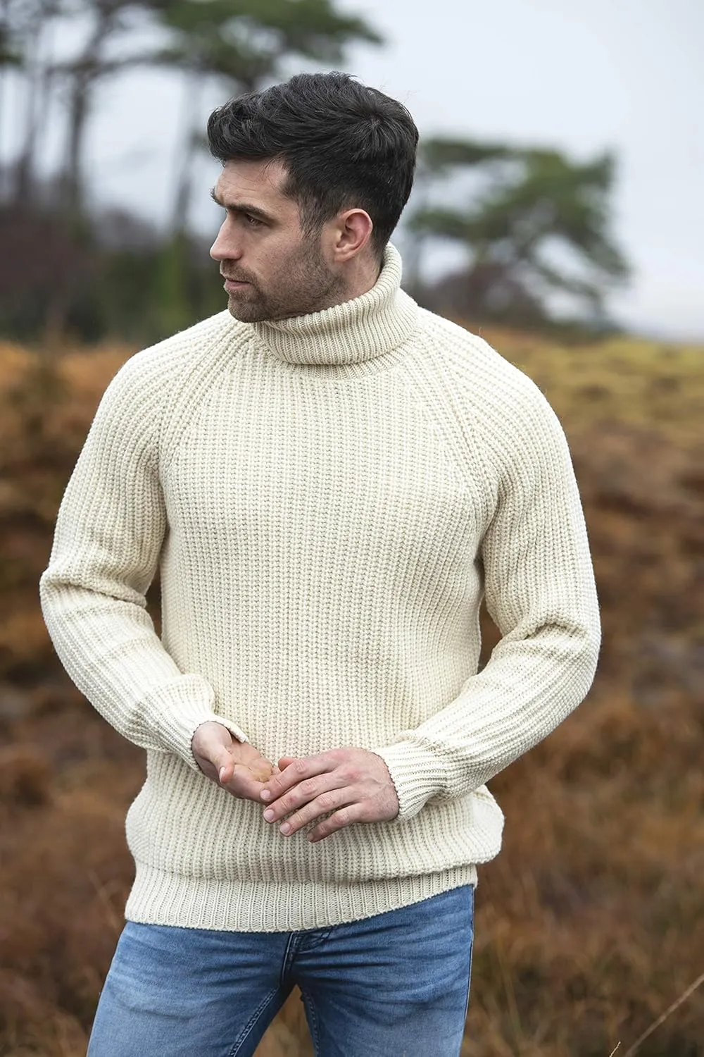Aran Crafts Men's Irish Cable Knitted Rib Roll Neck Sweater (100% Pure New Wool)
