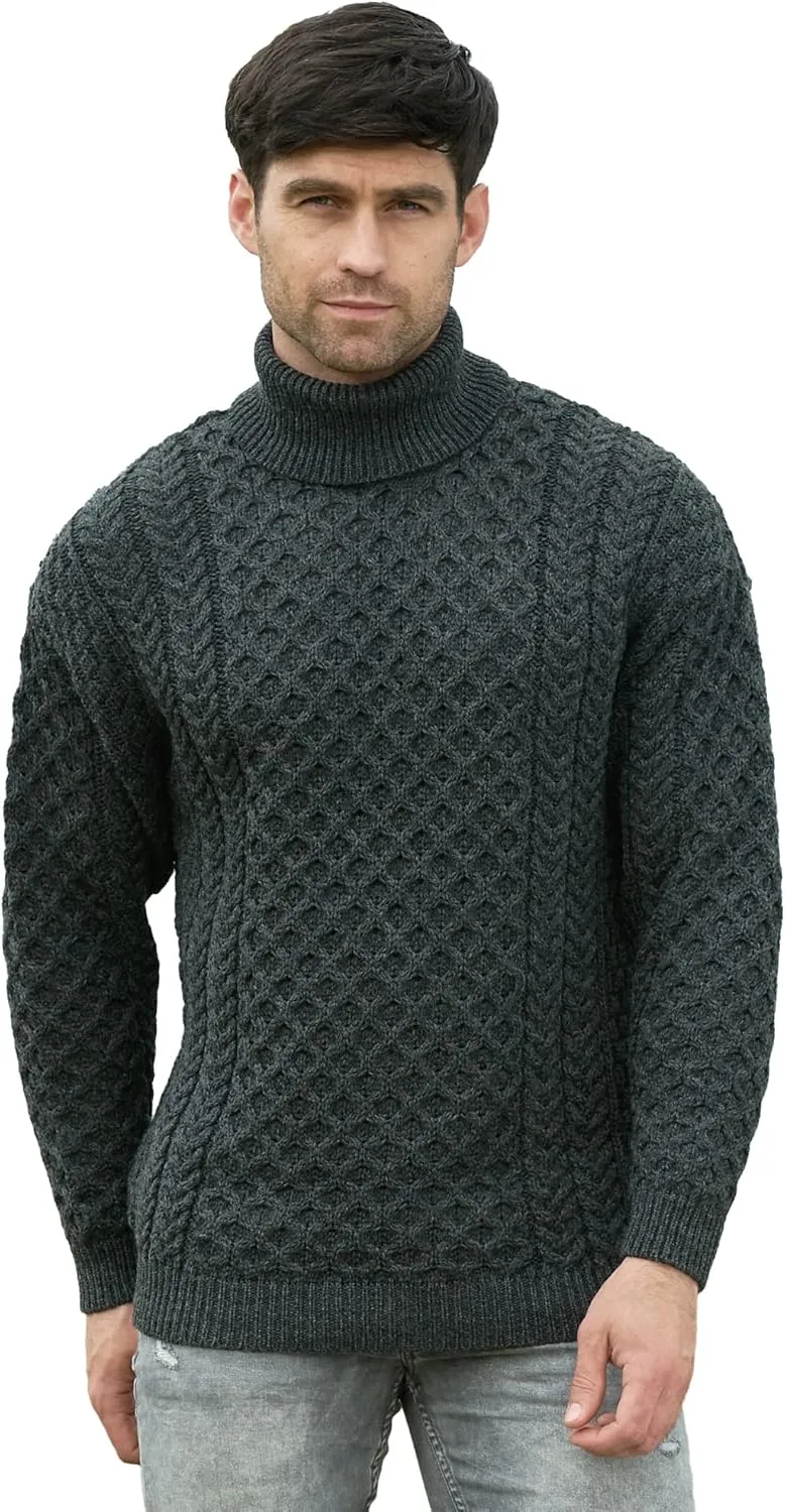 Aran Crafts Unisex Irish Cable Knitted Soft Roll Neck Sweater (100% Merino Wool)