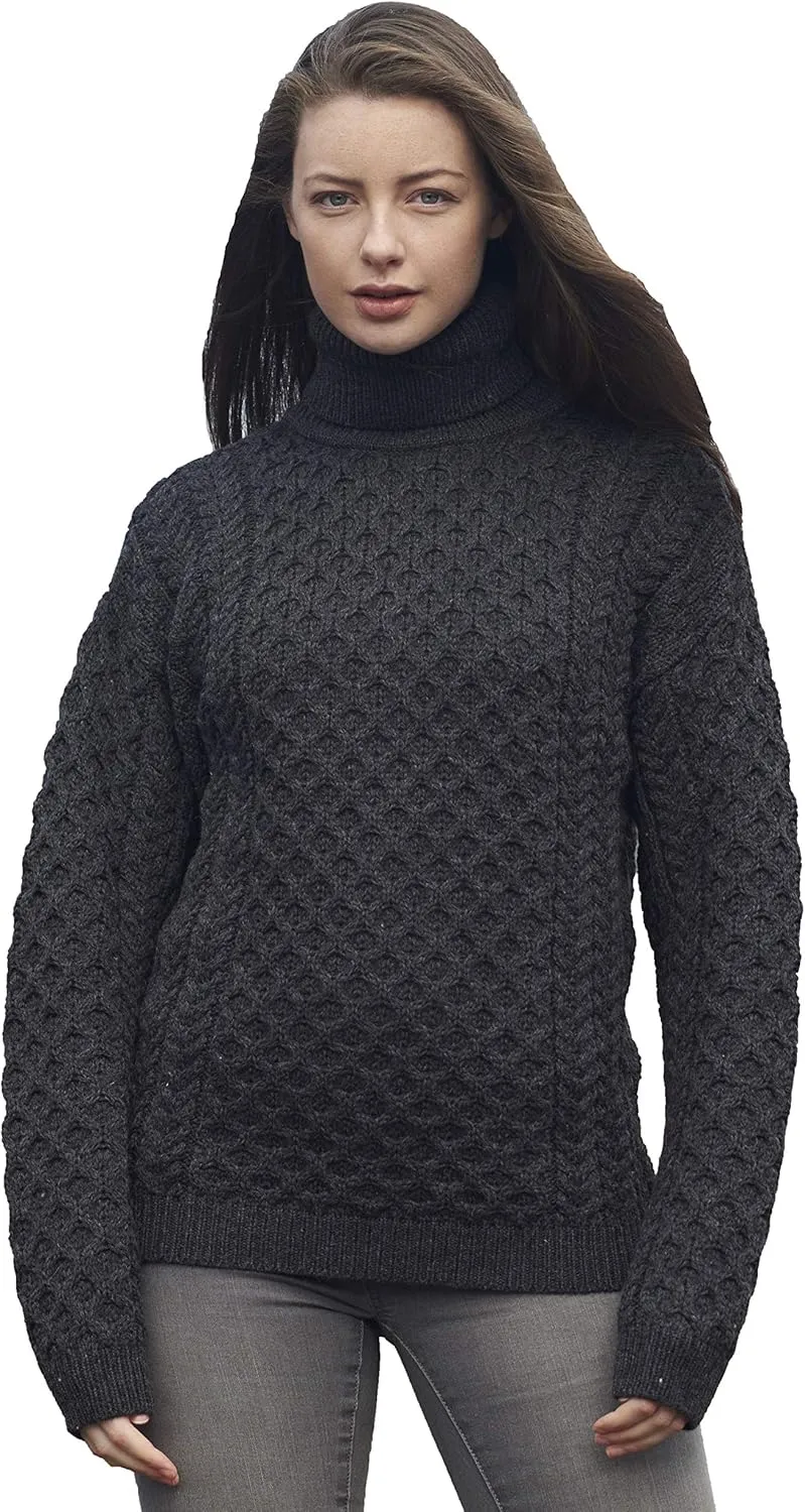 Aran Crafts Unisex Irish Cable Knitted Soft Roll Neck Sweater (100% Merino Wool)