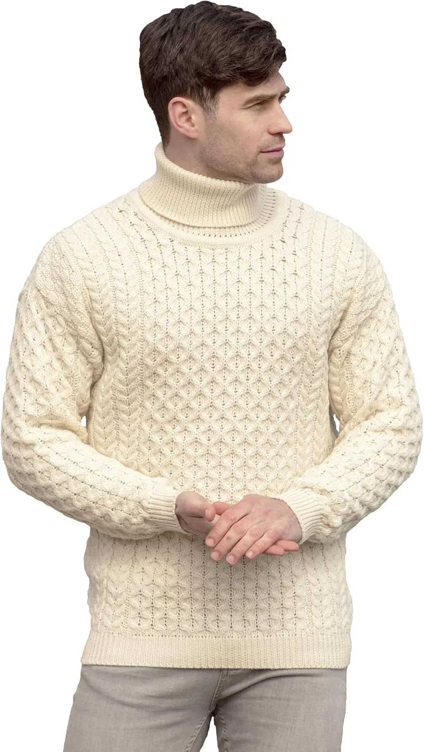 Aran Crafts Unisex Irish Cable Knitted Soft Roll Neck Sweater (100% Merino Wool)