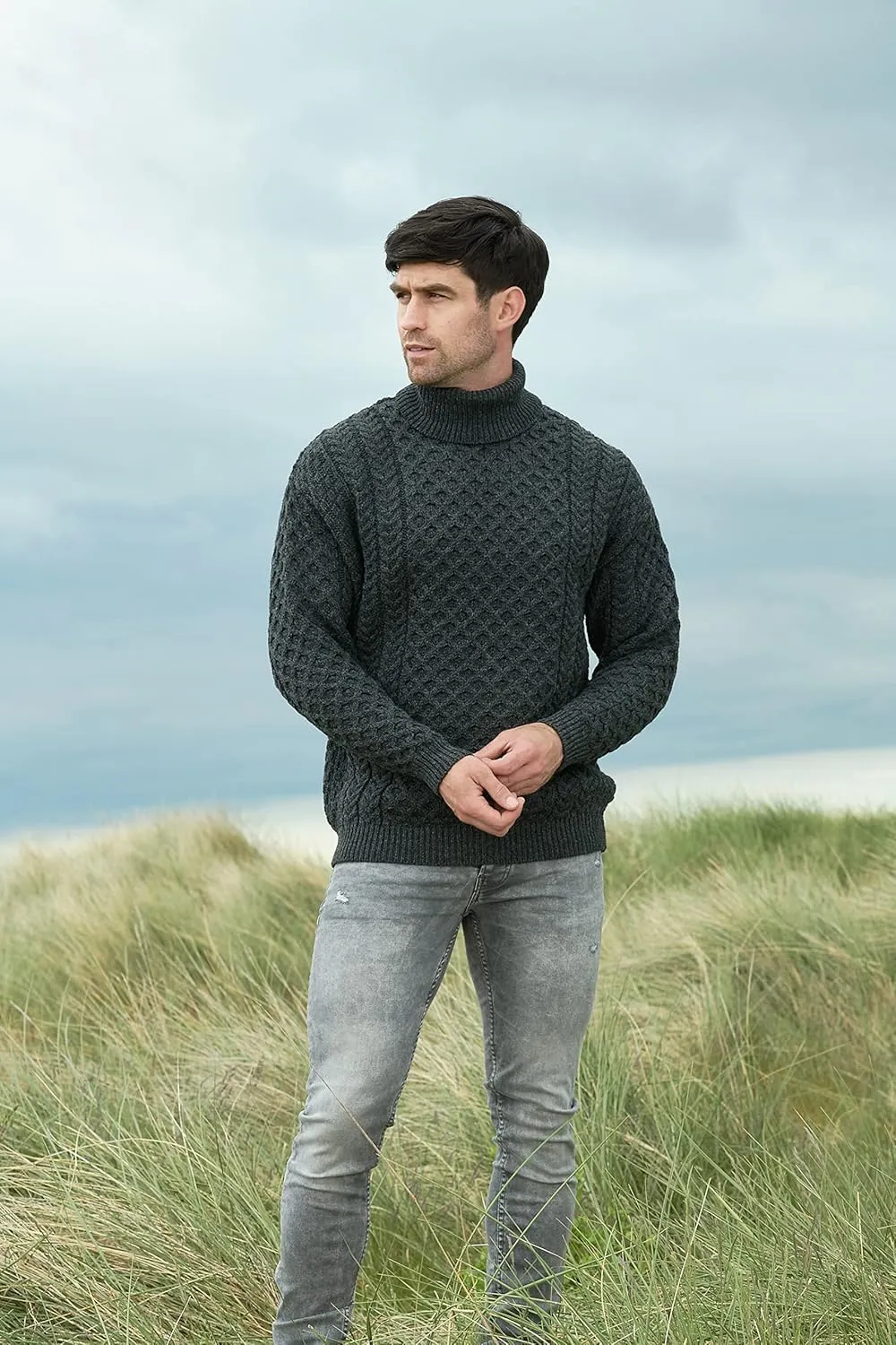 Aran Crafts Unisex Irish Cable Knitted Soft Roll Neck Sweater (100% Merino Wool)