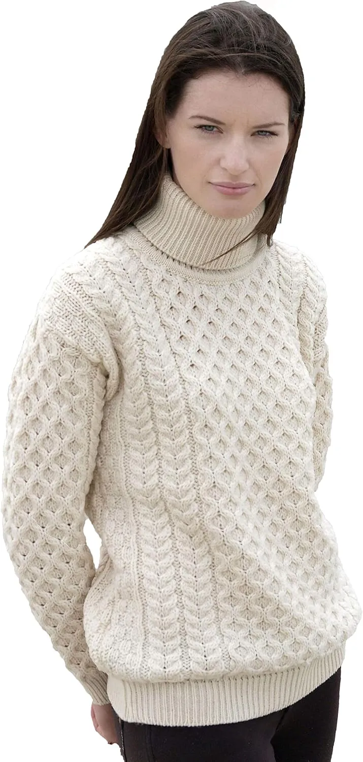 Aran Crafts Unisex Irish Cable Knitted Soft Roll Neck Sweater (100% Merino Wool)