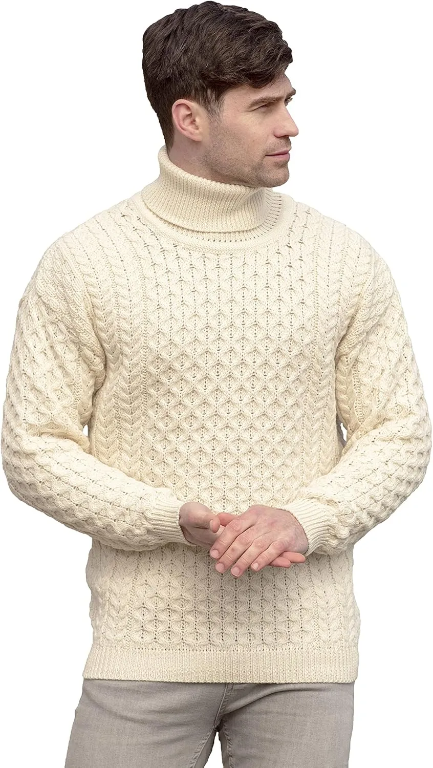 Aran Crafts Unisex Irish Cable Knitted Soft Roll Neck Sweater (100% Merino Wool)