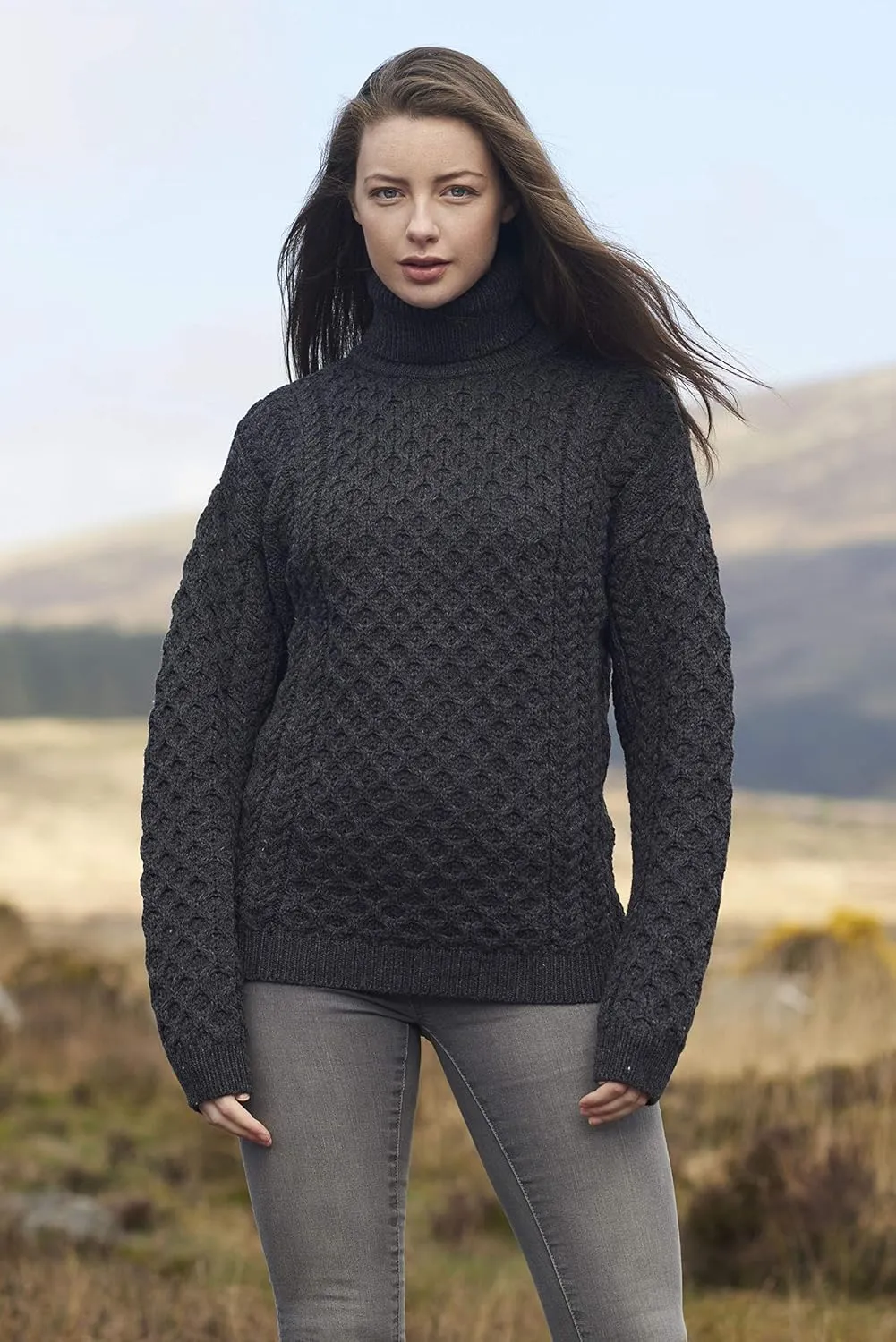 Aran Crafts Unisex Irish Cable Knitted Soft Roll Neck Sweater (100% Merino Wool)