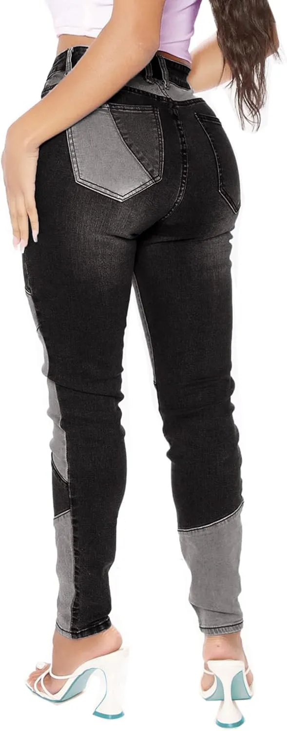 Atditama Stretch Patchwork Jeans Denim Pants for Women High Waisted Skinny Casual Distressed Ankle Length Curved Patch Jeans