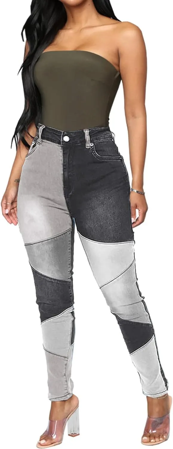 Atditama Stretch Patchwork Jeans Denim Pants for Women High Waisted Skinny Casual Distressed Ankle Length Curved Patch Jeans