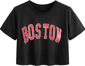 Avanova Women Graphic Oversized Ripped Boxy Tee Shirt Distressed Short Sleeve Crop Top
