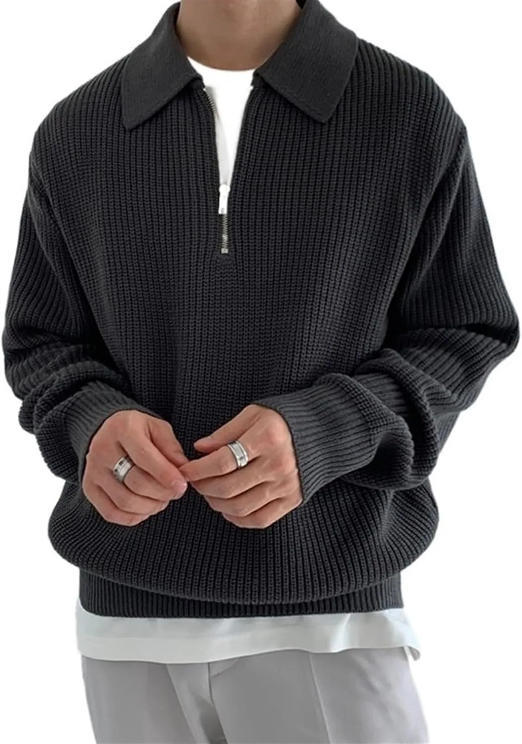AYGJKIE Men's Sweater Long Sleeve 1/4 Zip V Neck Loose Fluffy Knitted Chunky Warm Pullover Tops