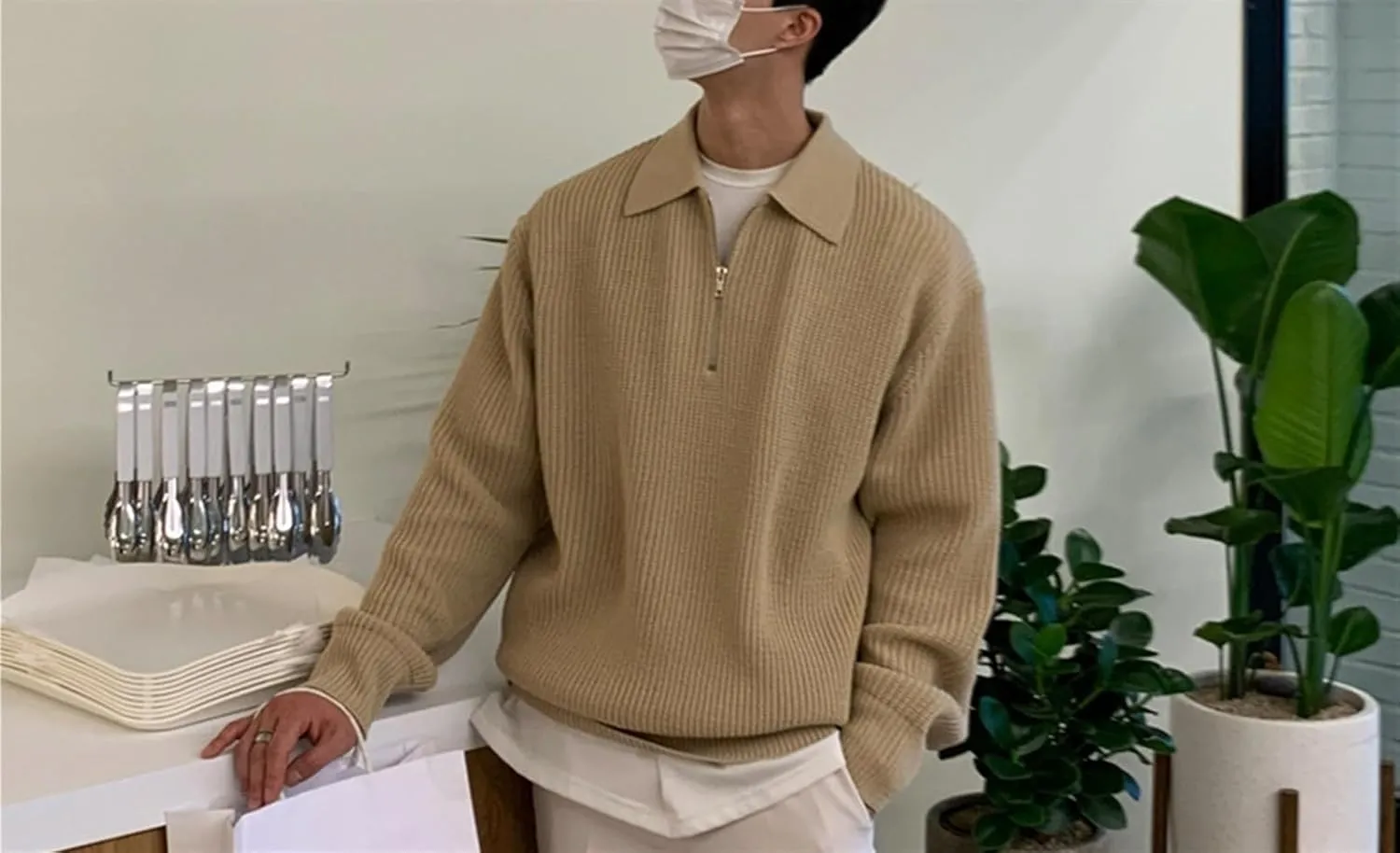 AYGJKIE Men's Sweater Long Sleeve 1/4 Zip V Neck Loose Fluffy Knitted Chunky Warm Pullover Tops