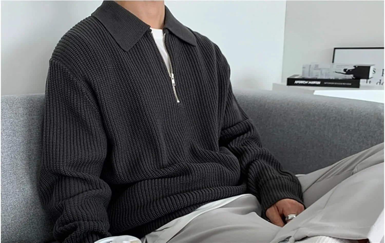 AYGJKIE Men's Sweater Long Sleeve 1/4 Zip V Neck Loose Fluffy Knitted Chunky Warm Pullover Tops