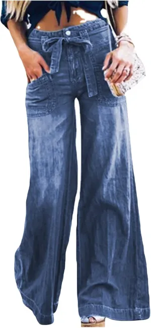 Baggy Jeans for Women Y2K Stretch High Waisted Straight Wide Leg Denim Jeans Pants Trousers Drawstring Flap Pocket