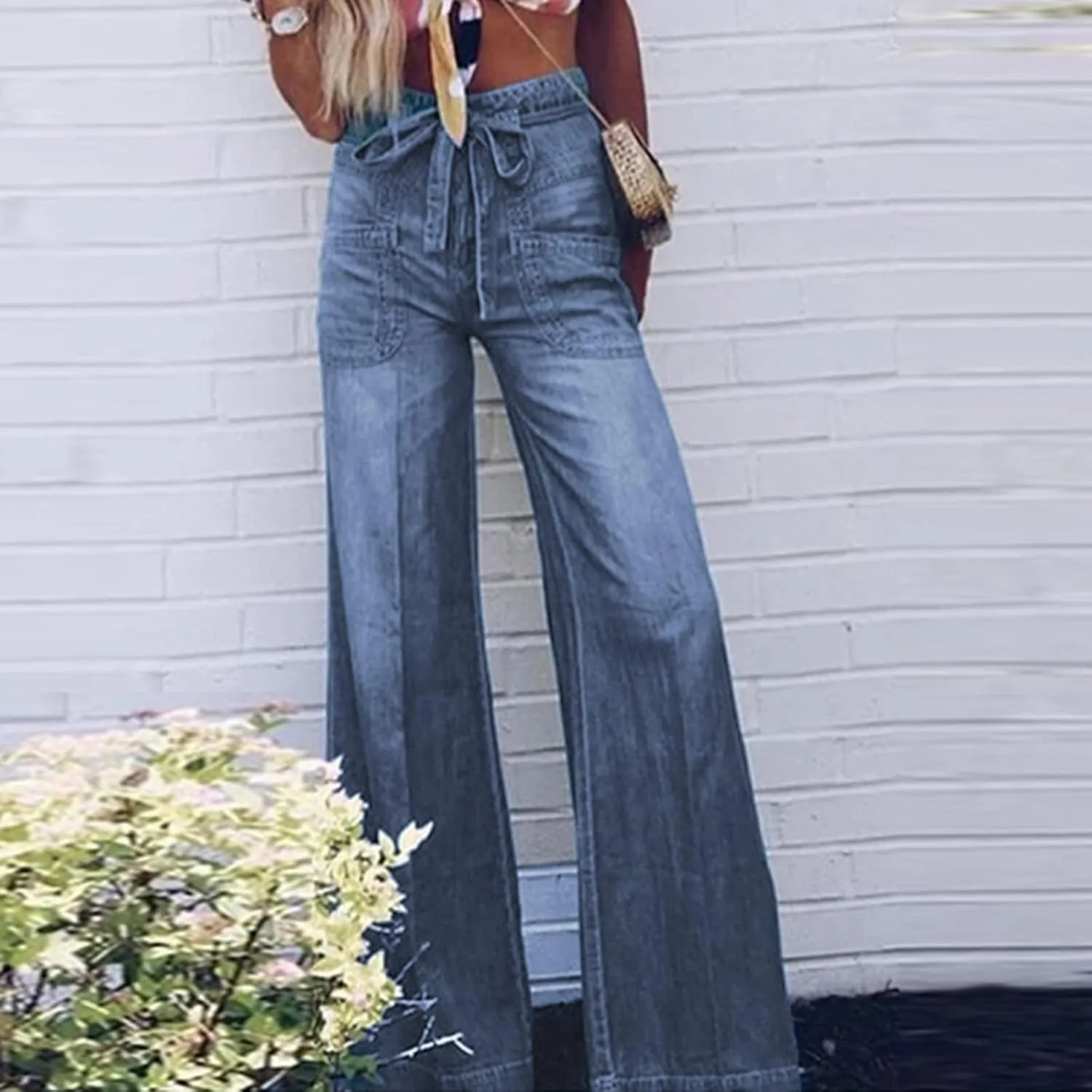 Baggy Jeans for Women Y2K Stretch High Waisted Straight Wide Leg Denim Jeans Pants Trousers Drawstring Flap Pocket
