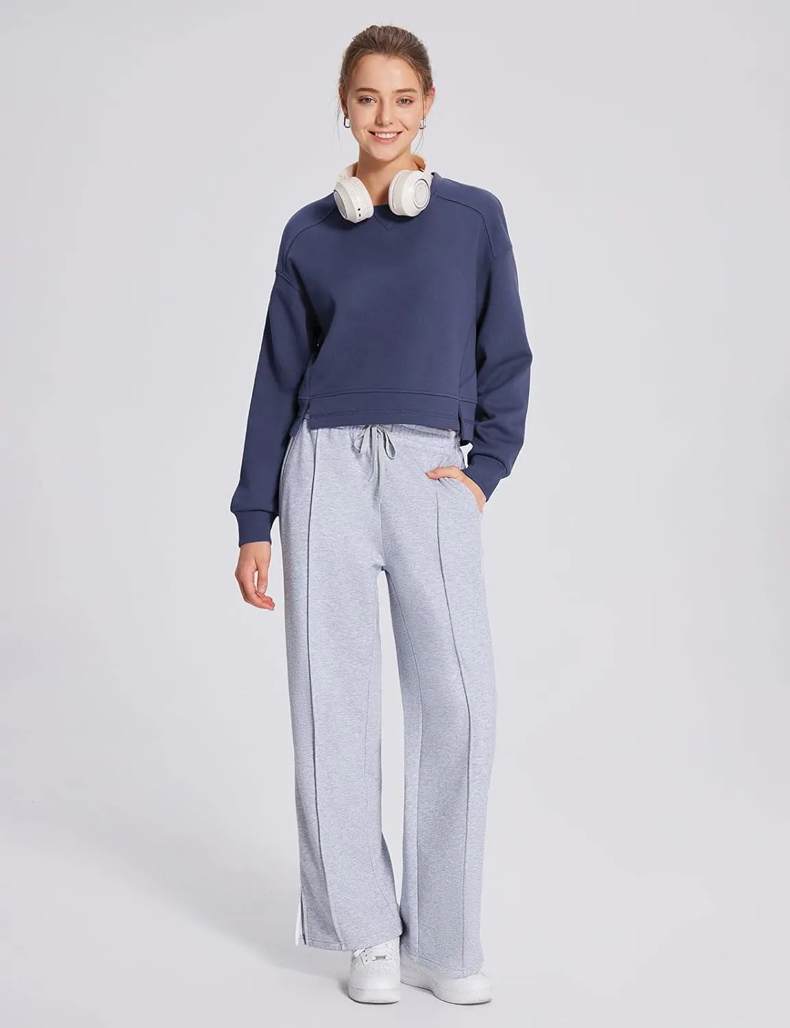 baleaf Women's Crewneck Cropped Sweatshirt Fleece Oversized Sweater Long Sleeve Workout Tops Loose Pullover Fall Outfits