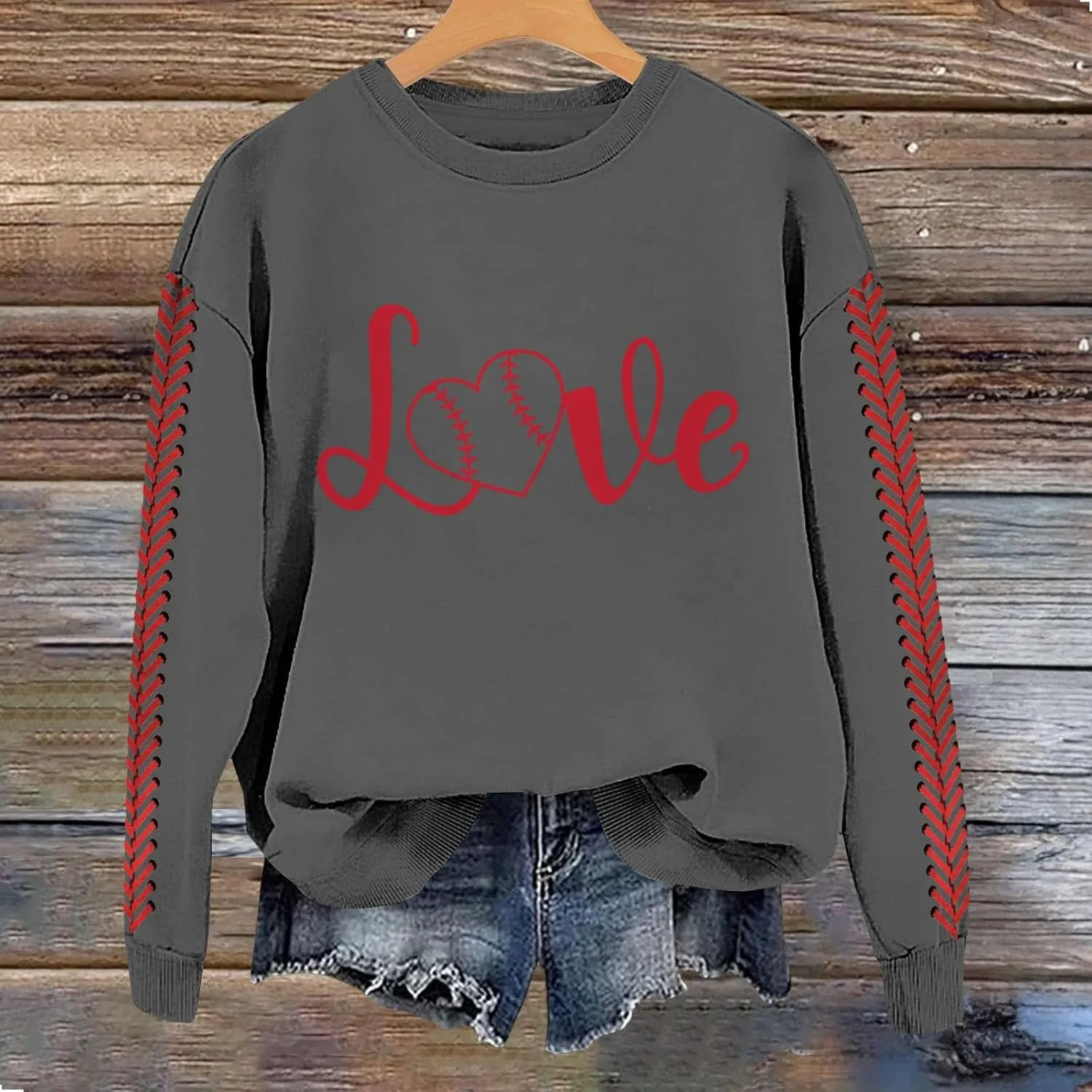 Baseball Sweatshirt for Womens 2025 Long Sleeves Round Neck Pullover Baseball Letter Print Blouses Fall Workout Tops
