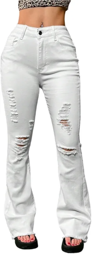 Bell Bottom Jeans for Women High Waist Distressed Pull On Jeans Baggy Y2K Ripped Stretchy Bootcut Denim Pants Pockets