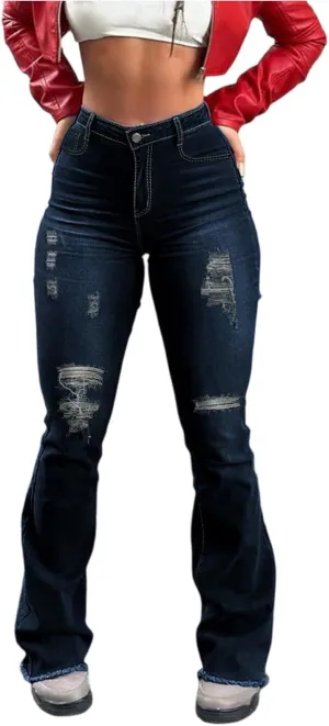 Bell Bottom Jeans for Women High Waist Distressed Pull On Jeans Baggy Y2K Ripped Stretchy Bootcut Denim Pants Pockets