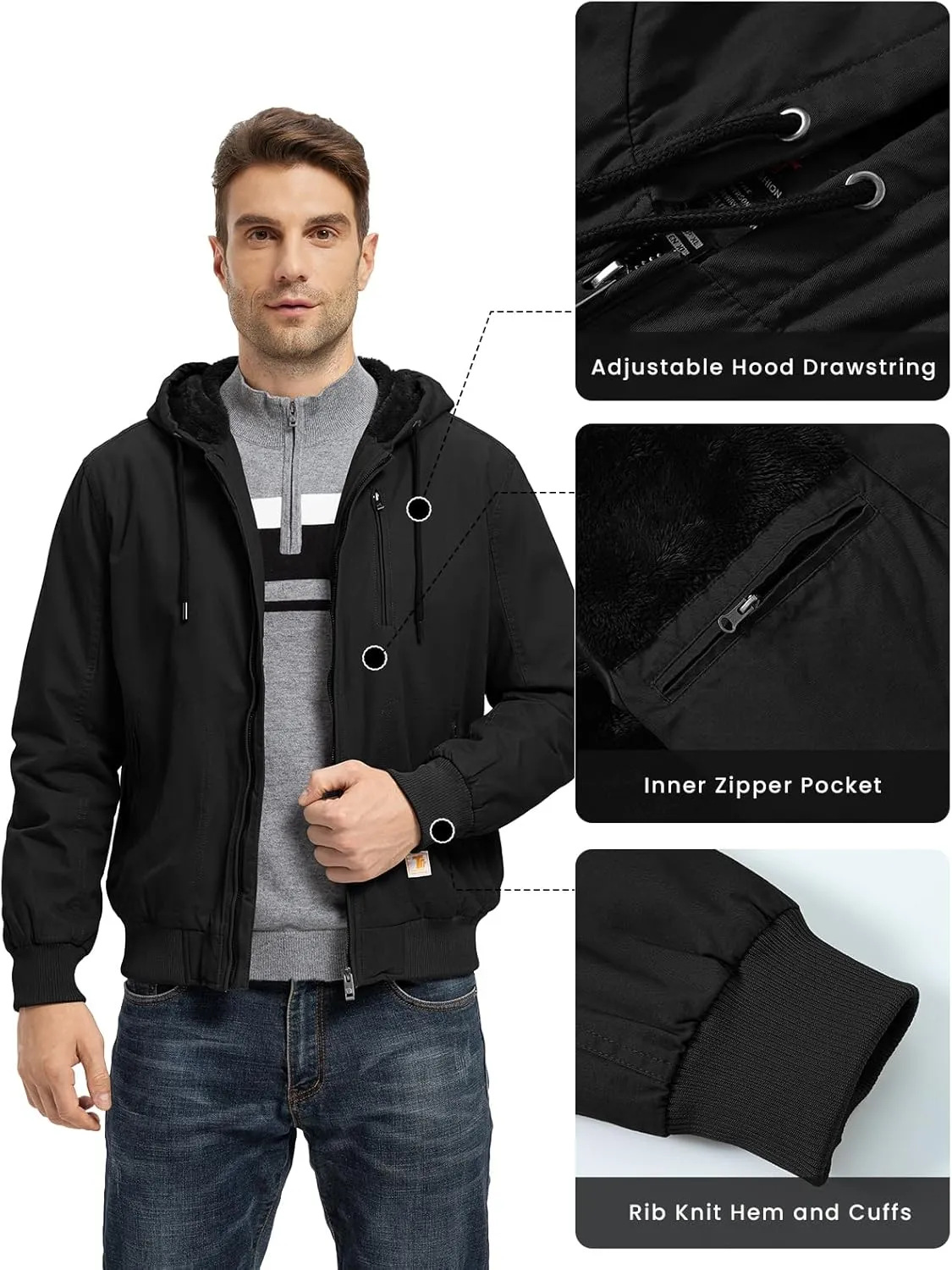 BGOWATU Men's Cotton Work Jacket Insulated Flannel Lined Full Zip Hoodies Active Winter Coat with Utility Pockets