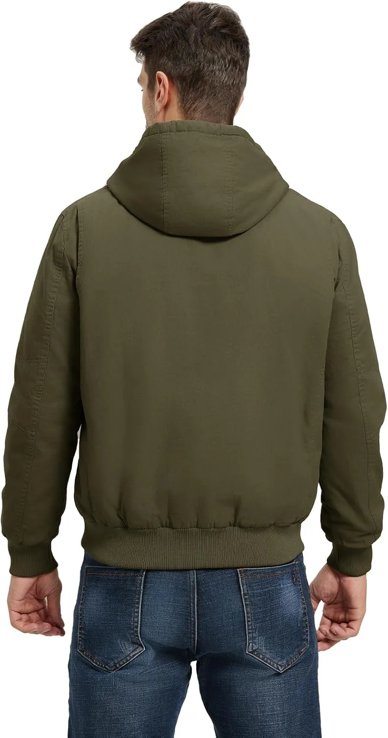 BGOWATU Men's Cotton Work Jacket Insulated Flannel Lined Full Zip Hoodies Active Winter Coat with Utility Pockets