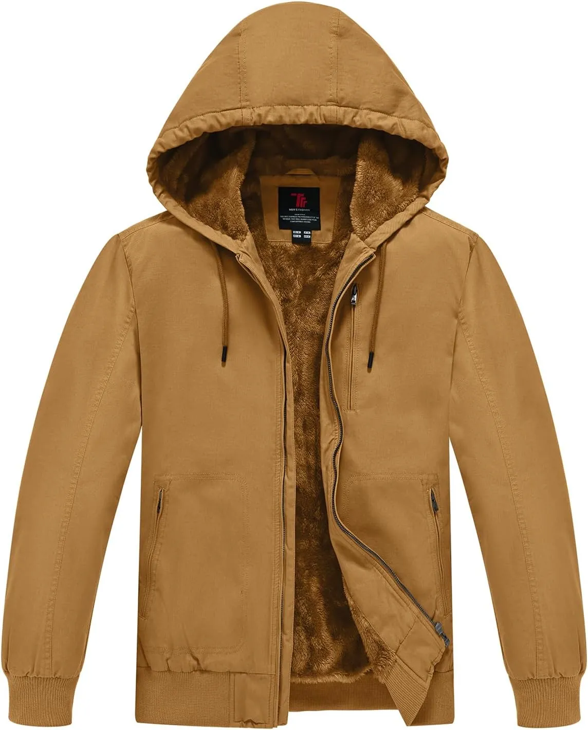 BGOWATU Men's Cotton Work Jacket Insulated Flannel Lined Full Zip Hoodies Active Winter Coat with Utility Pockets