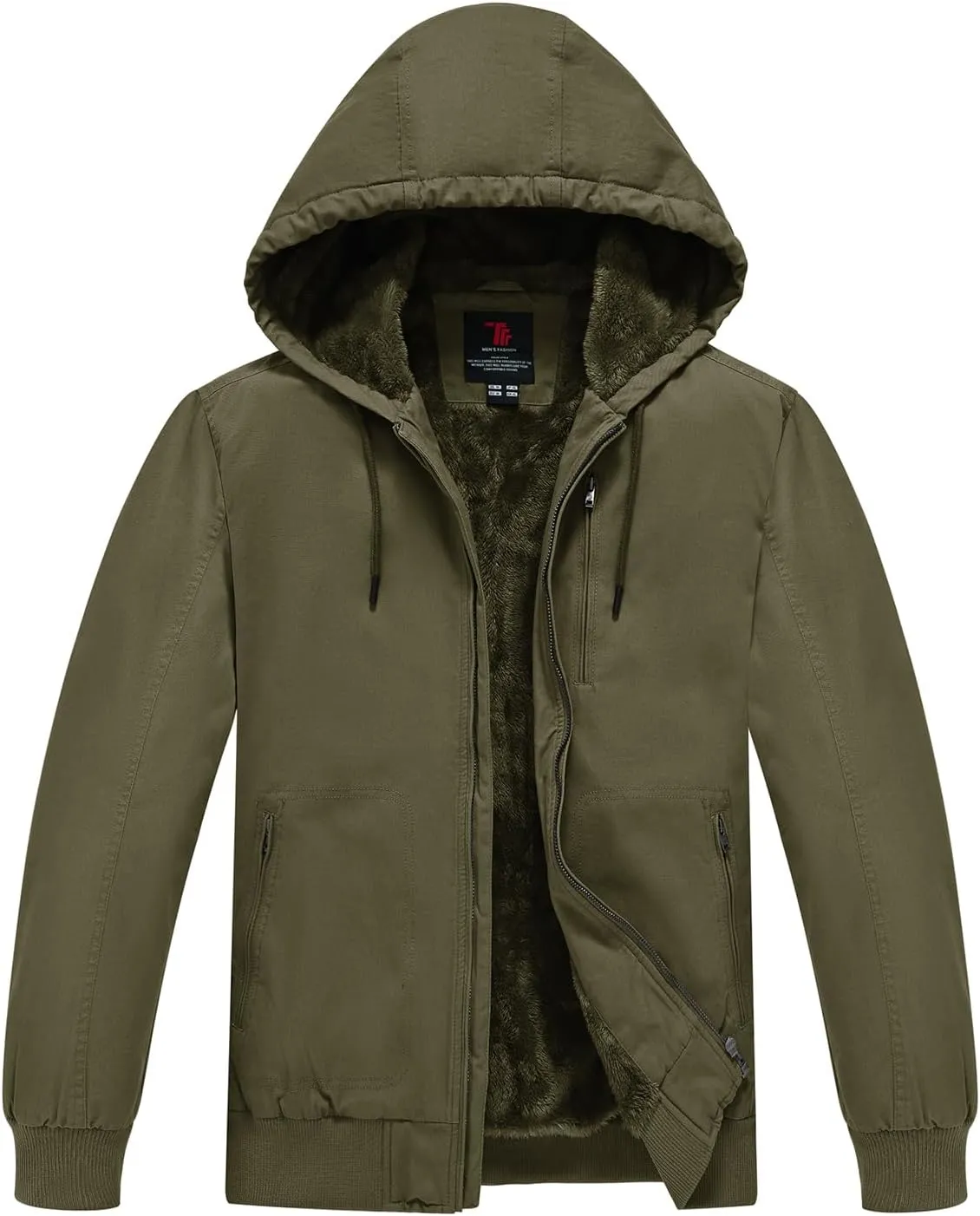 BGOWATU Men's Cotton Work Jacket Insulated Flannel Lined Full Zip Hoodies Active Winter Coat with Utility Pockets