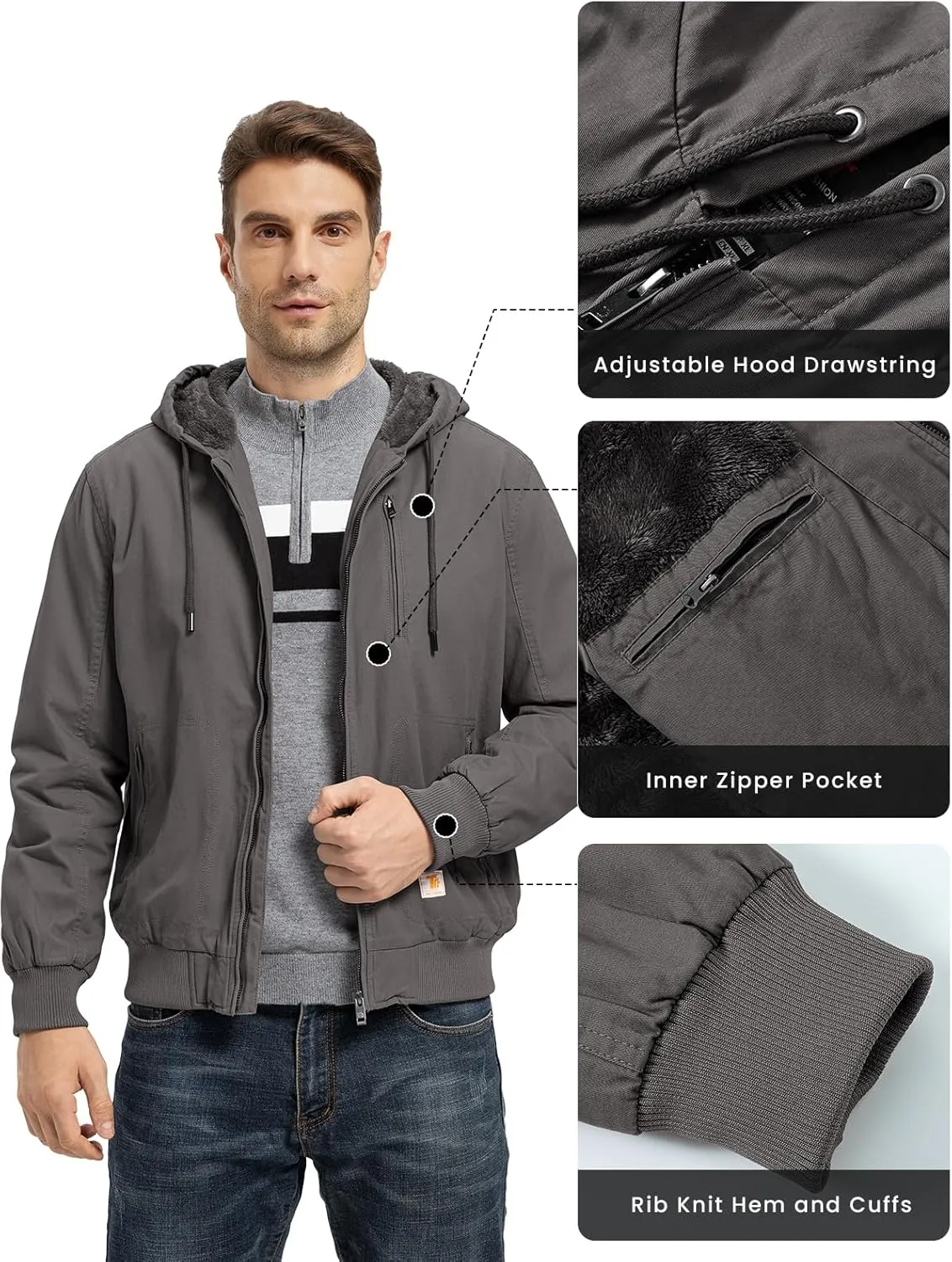 BGOWATU Men's Cotton Work Jacket Insulated Flannel Lined Full Zip Hoodies Active Winter Coat with Utility Pockets