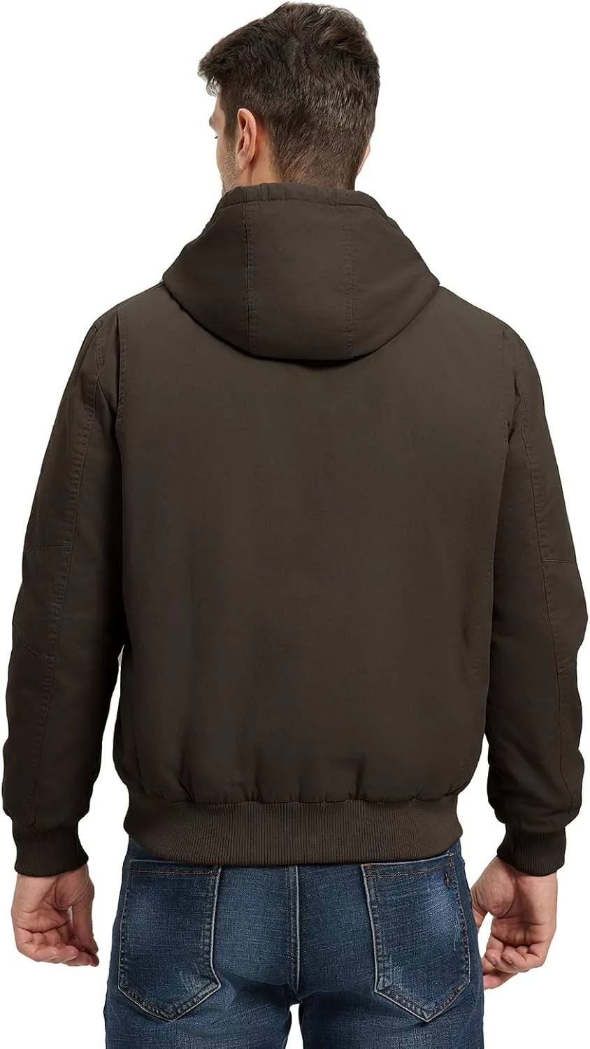 BGOWATU Men's Cotton Work Jacket Insulated Flannel Lined Full Zip Hoodies Active Winter Coat with Utility Pockets