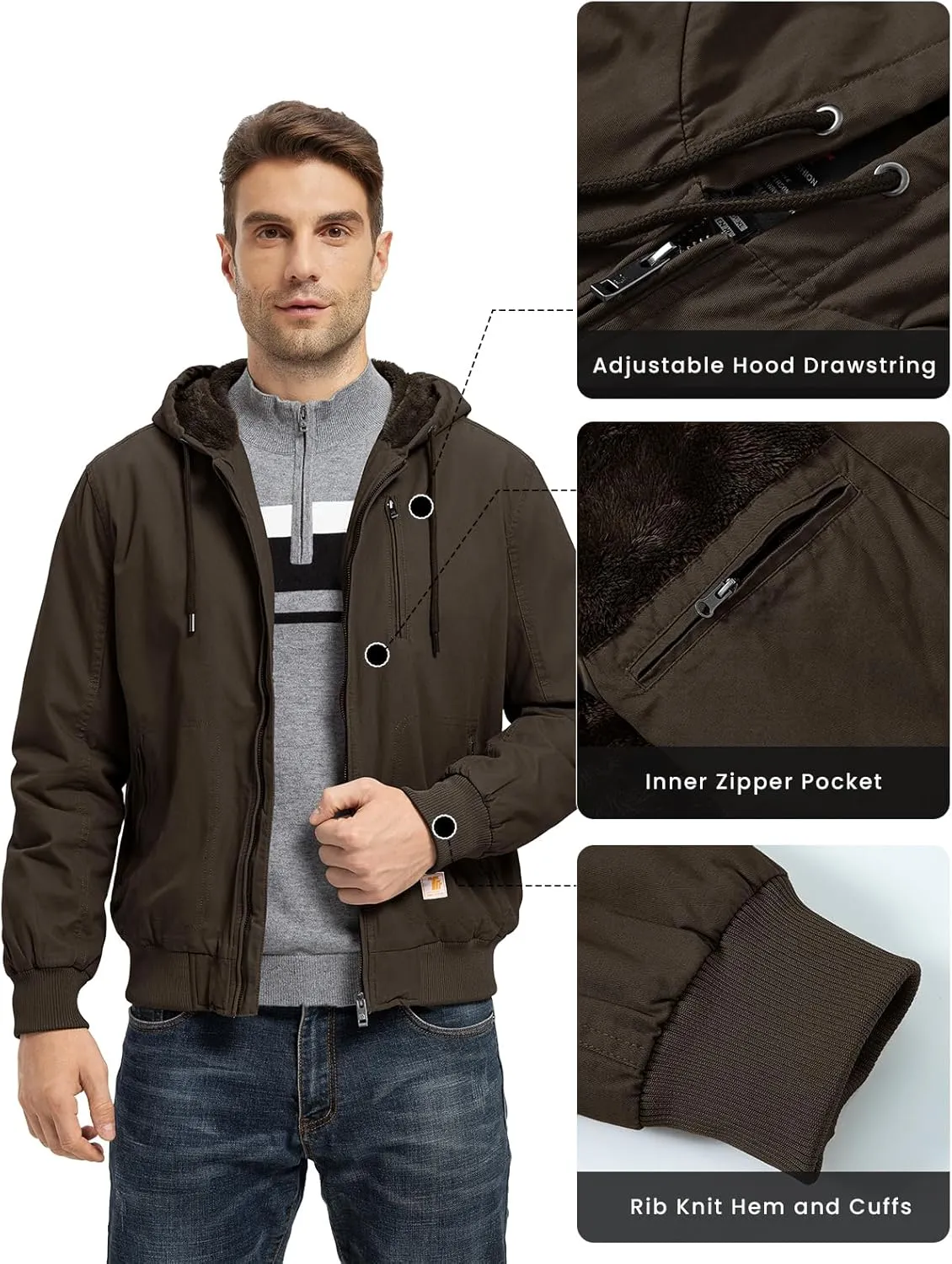 BGOWATU Men's Cotton Work Jacket Insulated Flannel Lined Full Zip Hoodies Active Winter Coat with Utility Pockets