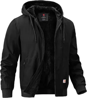 BGOWATU Men's Cotton Work Jacket Insulated Flannel Lined Full Zip Hoodies Active Winter Coat with Utility Pockets