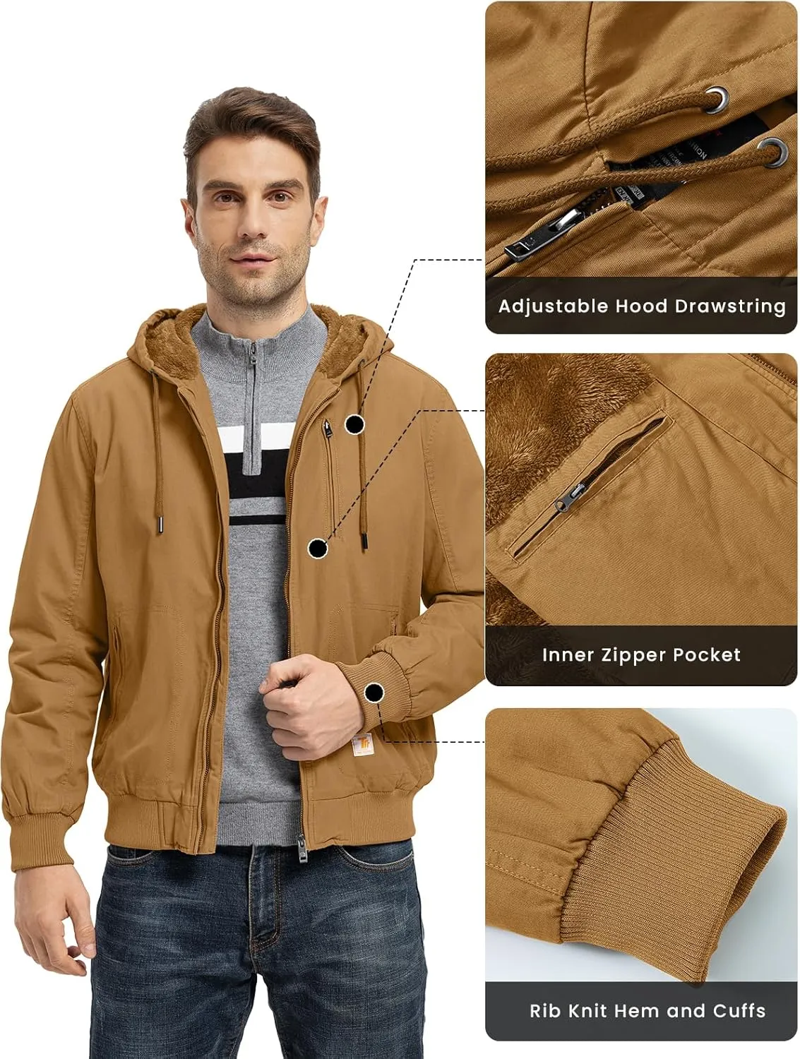BGOWATU Men's Cotton Work Jacket Insulated Flannel Lined Full Zip Hoodies Active Winter Coat with Utility Pockets
